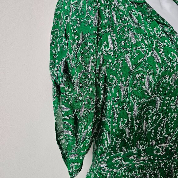 New BA&SH Clem Metallic Paisley Vert Green Short Sleeve V-Neck Dress 6 - Picture 4 of 8